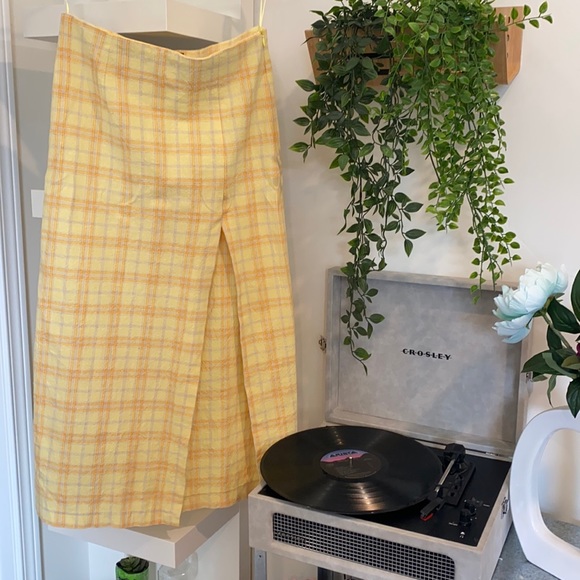 Zara Dresses & Skirts - ZARA Yellow and Orange Plaid Pencil Skirt With High Slit Size 4